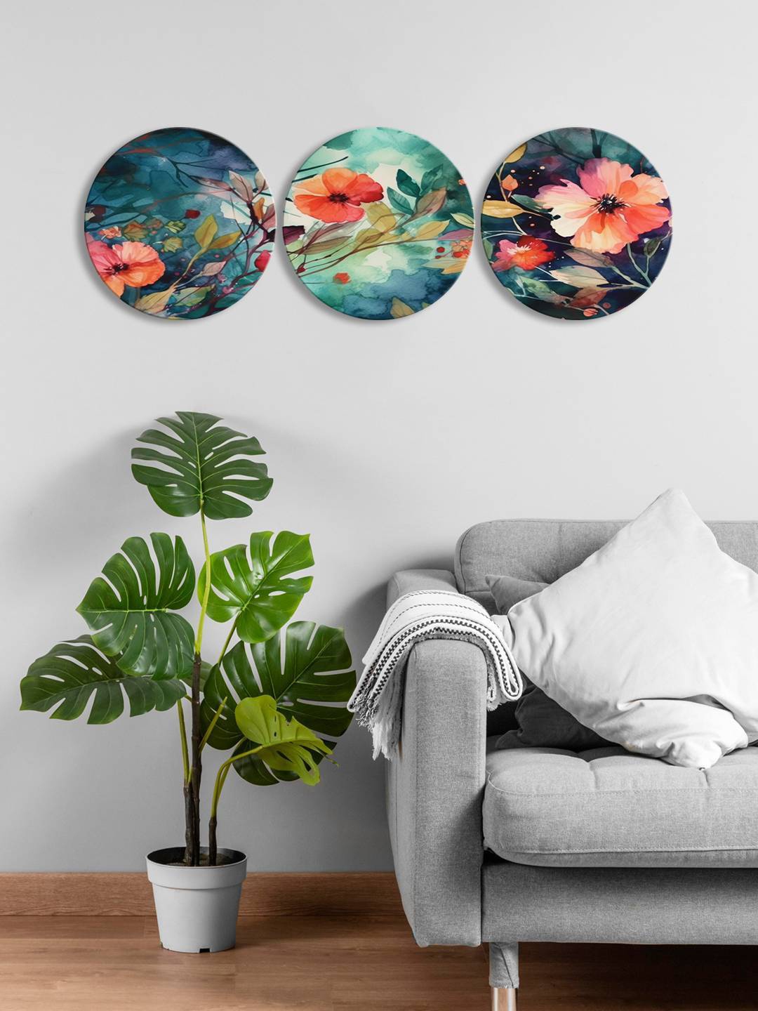 

999Store Green & Pink 3 Pieces Round Painting Wall Arts