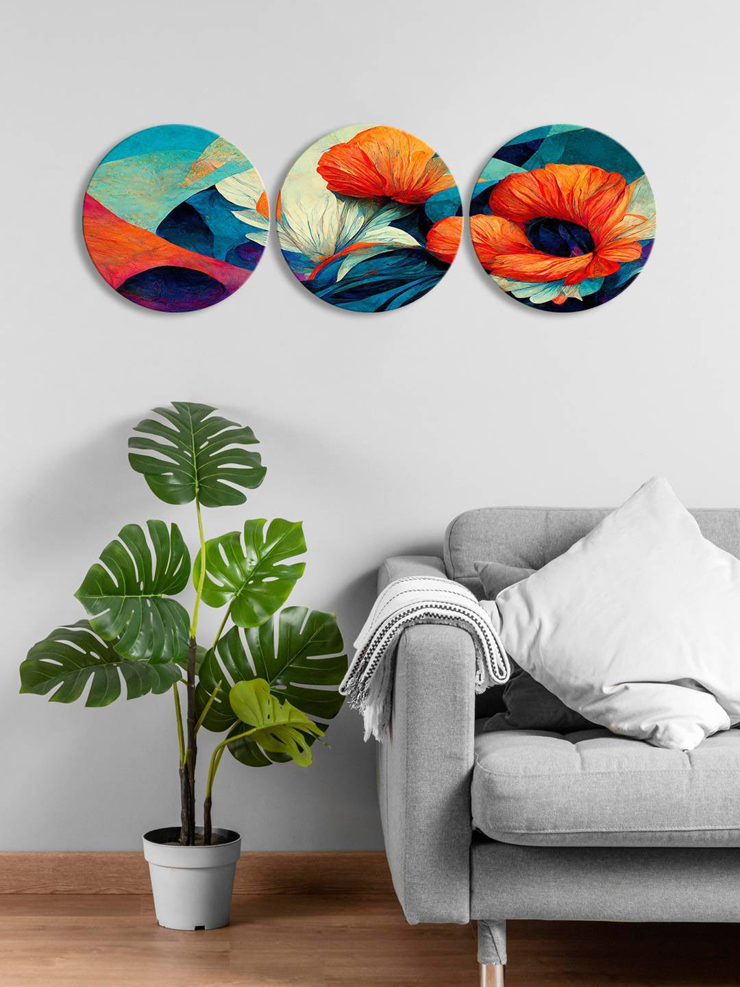 

999Store Orange & Blue 3 Pieces Round Painting Wall Arts