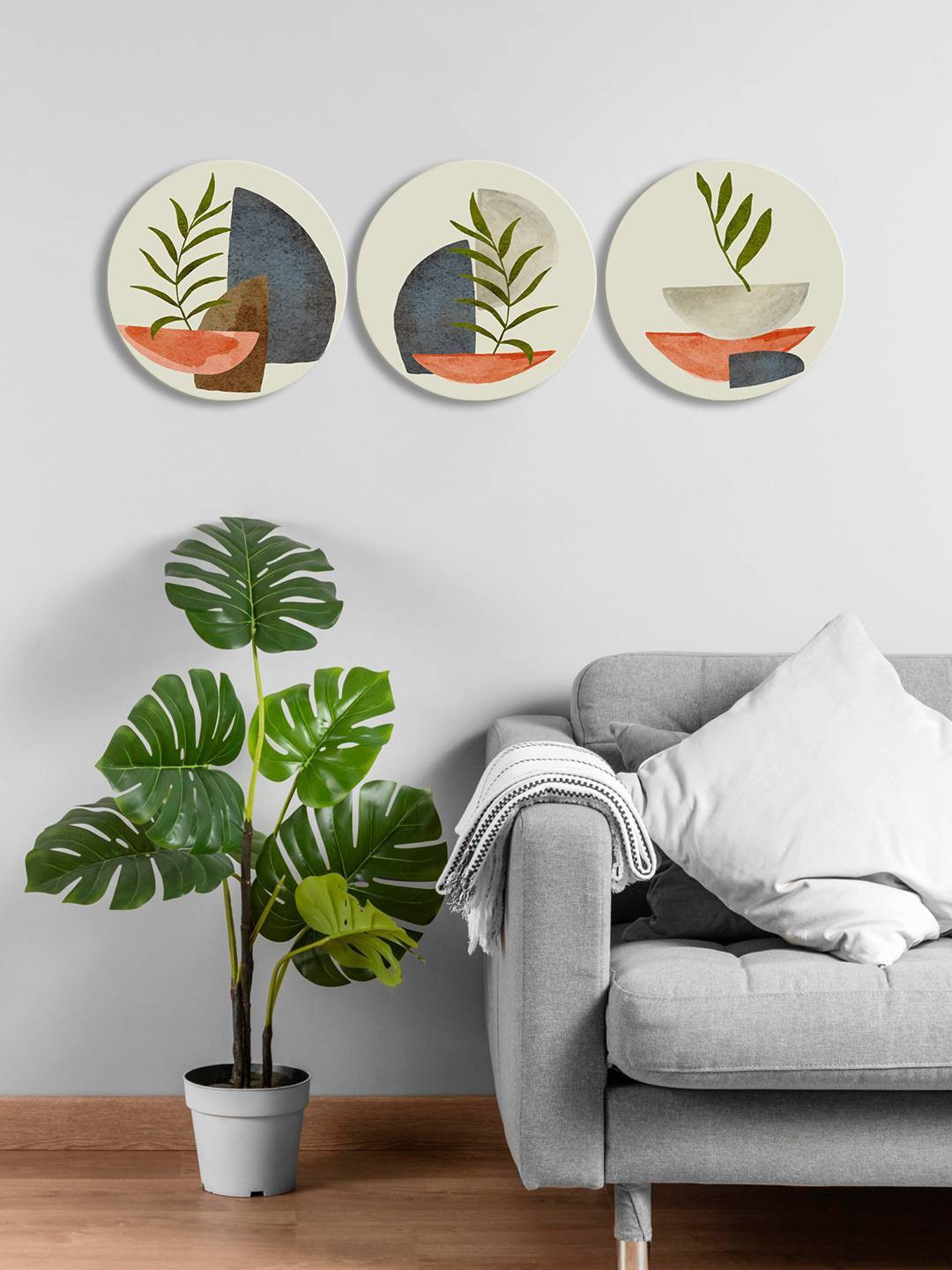 

999Store Off White & Green 3 Pieces Round Painting Wall Art