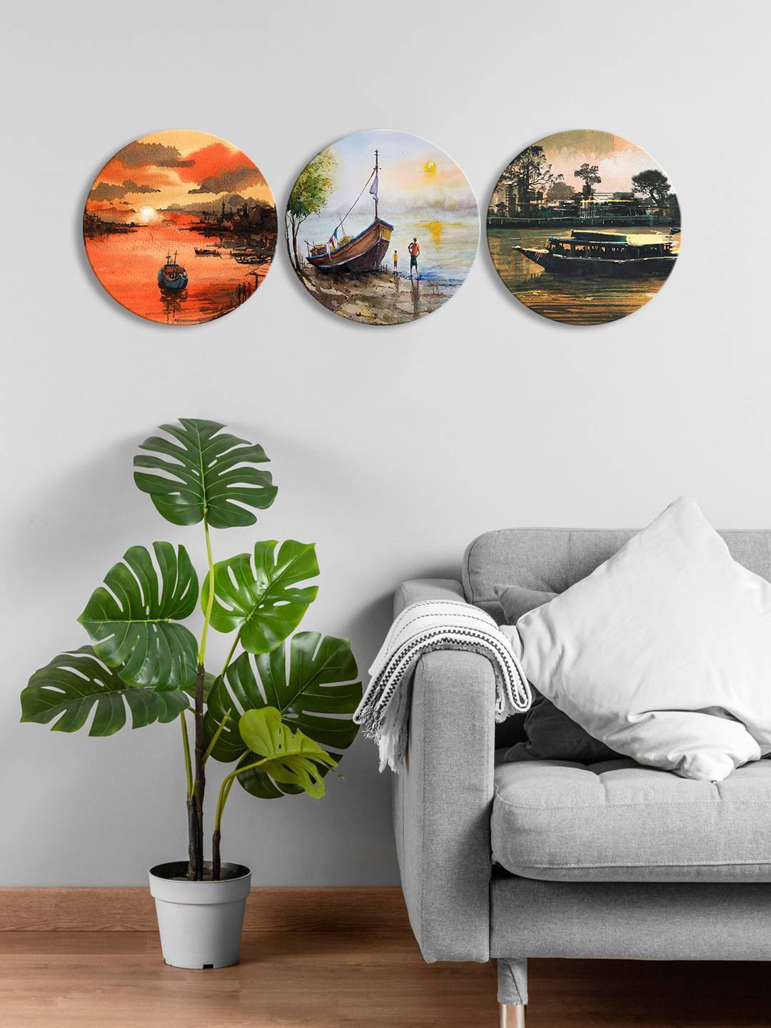 

999Store Orange Colored & Blue 3-Pieces Sunset With Boat Printed Framed Wall Art