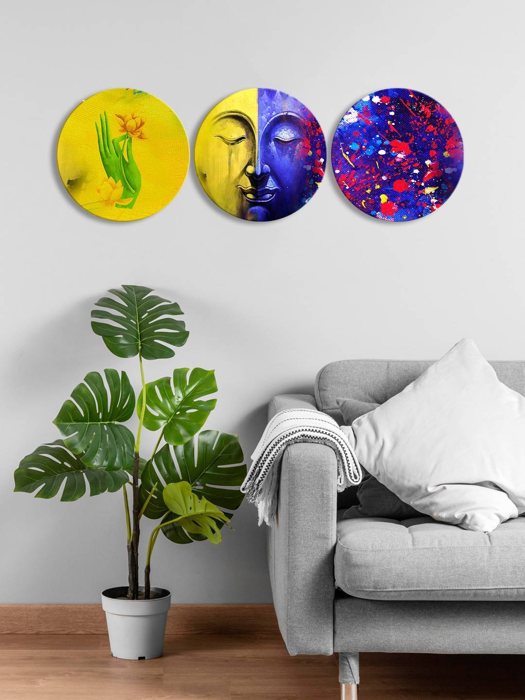 

999Store Yellow & Purple 3 Pieces Round Painting Wall Art