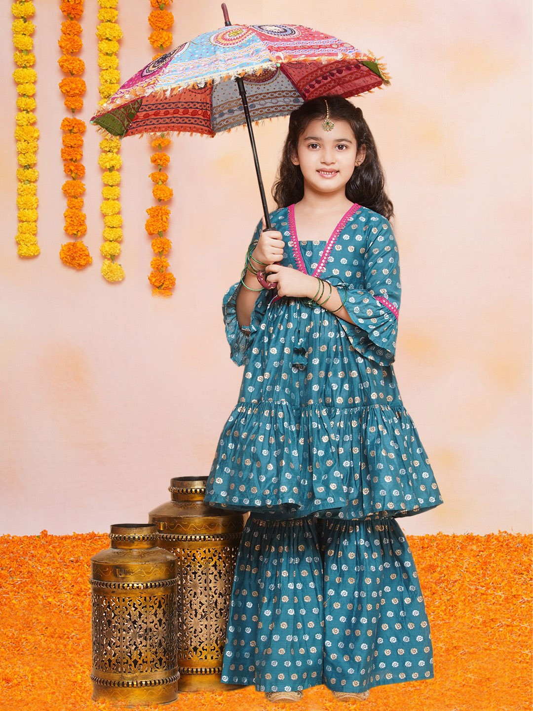 

Bitiya by Bhama Girls Ethnic Motifs Print Sequinned Anarkali Kurta with Sharara, Blue