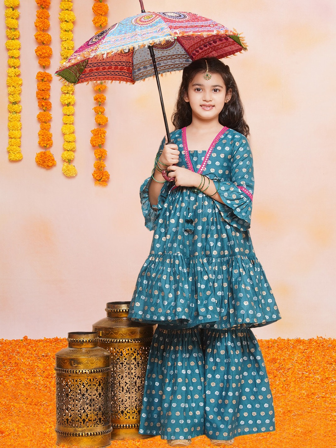 

Bitiya by Bhama Girls Ethnic Motifs Print Sequinned Anarkali Kurta with Sharara, Blue