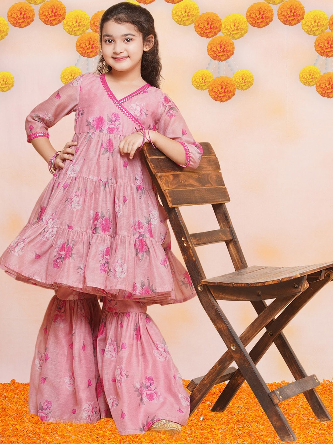 

Bitiya by Bhama Girls Floral Printed Angrakha Sequinned Kurta with Sharara, Pink