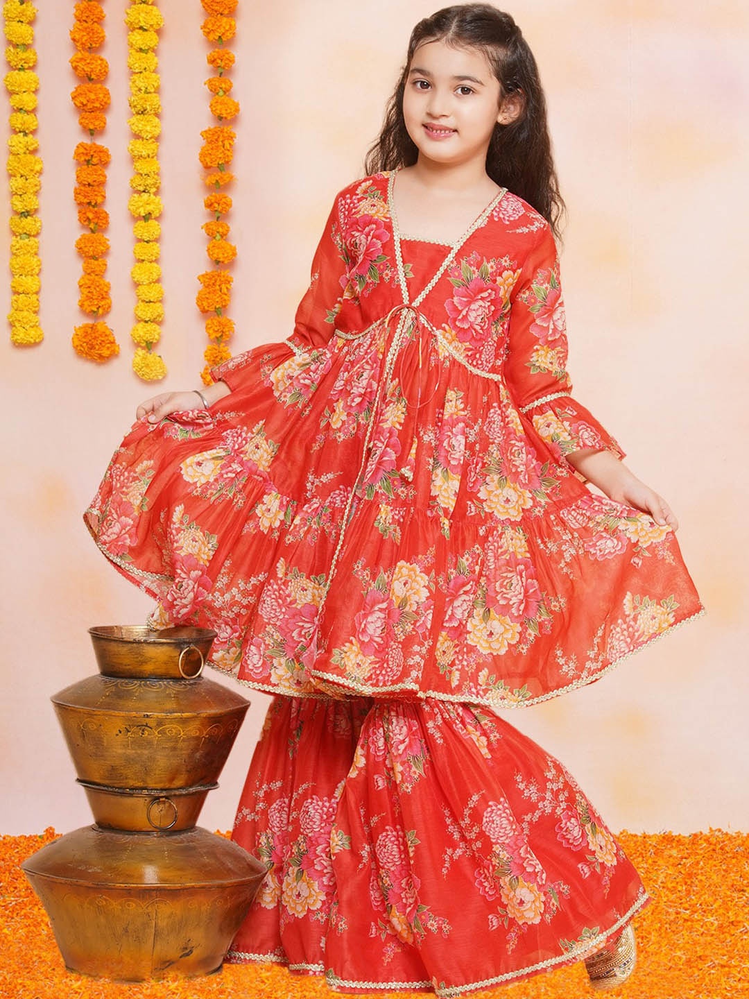 

Bitiya by Bhama Girls Floral Print Sequinned Anarkali Kurta with Sharara, Red