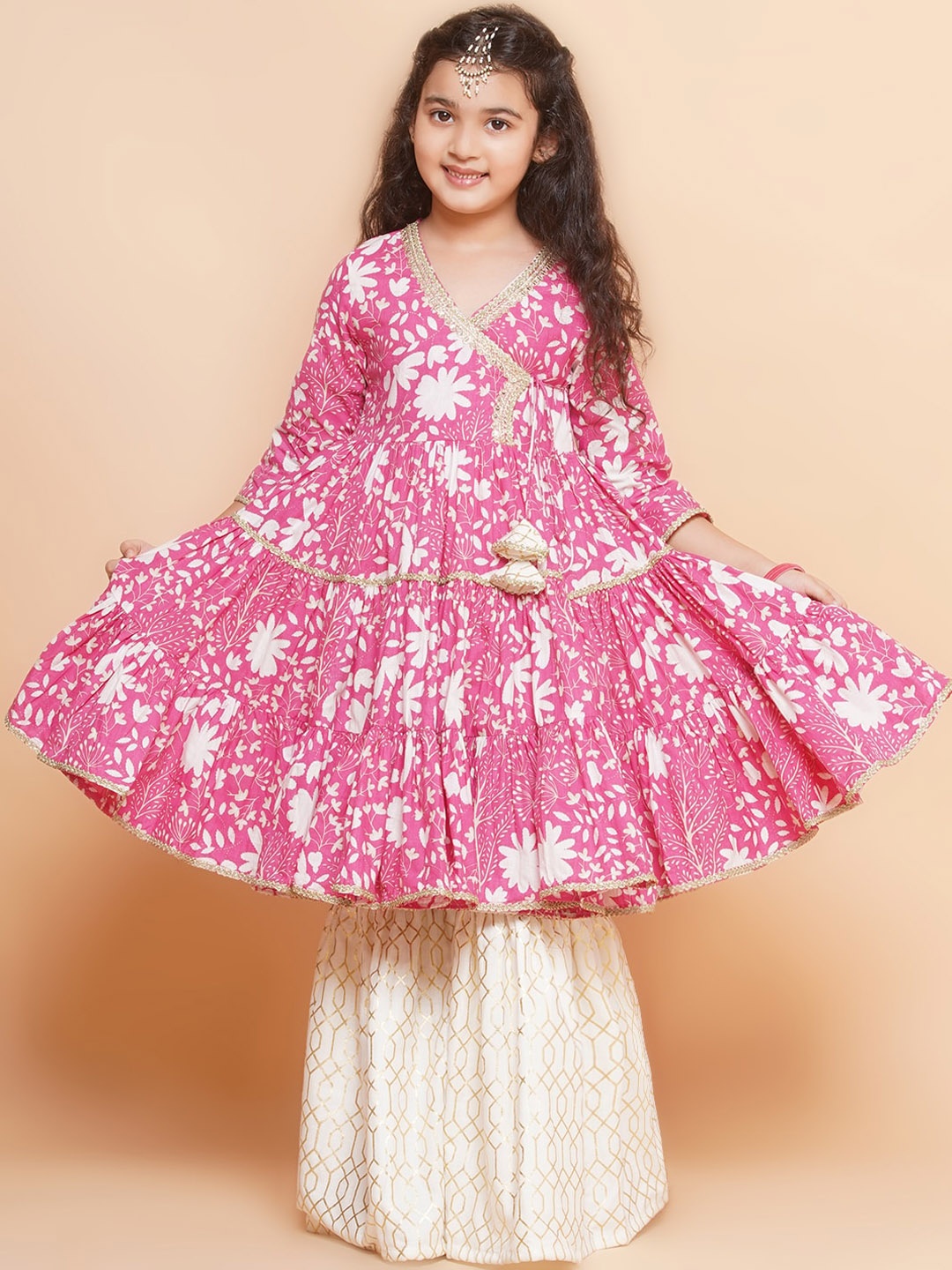 

Bitiya by Bhama Girls Floral Printed Angrakha Gotta Patti Pure Cotton Kurta with Sharara, Pink