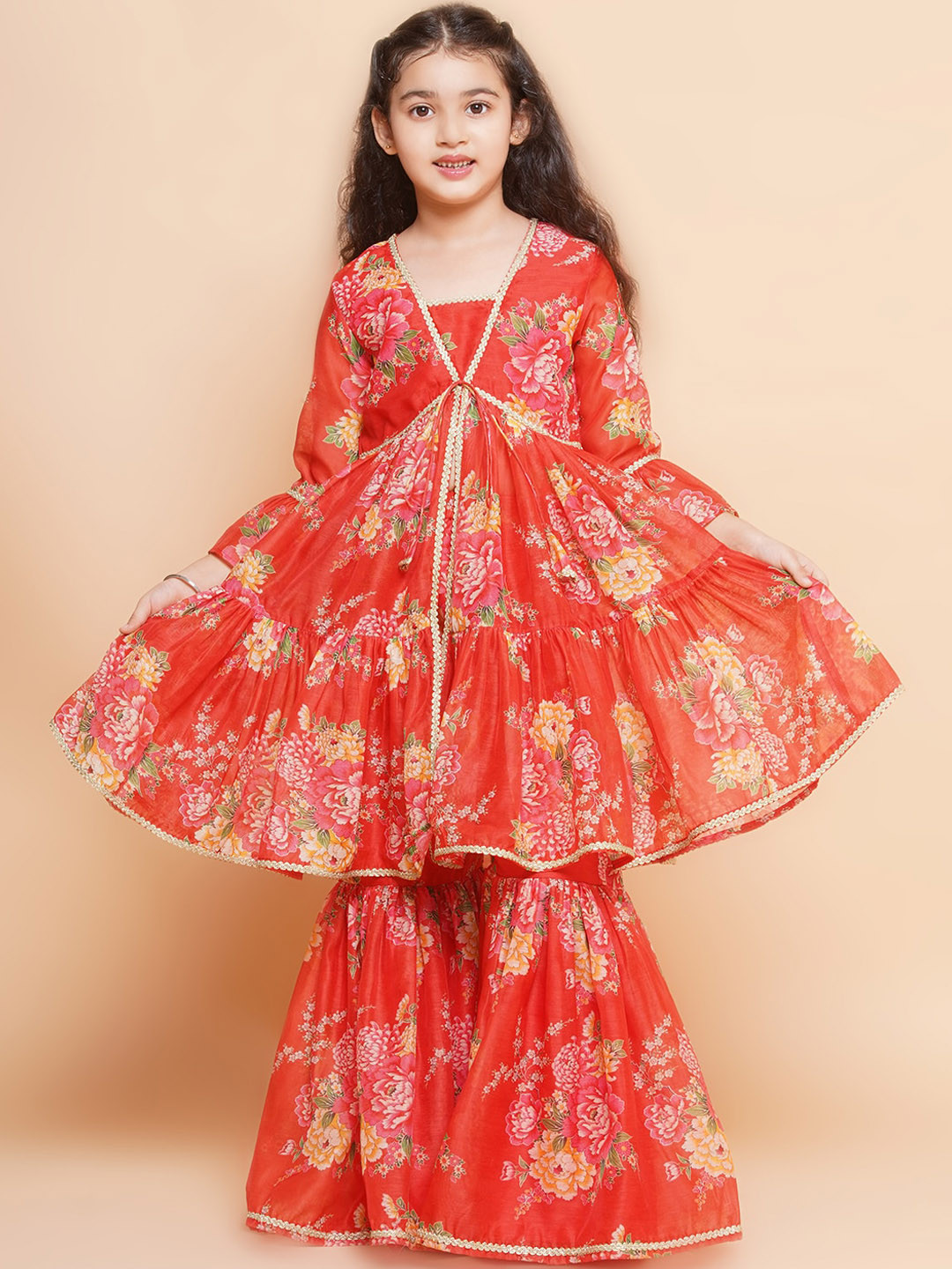 

Bitiya by Bhama Girls Floral Print Sequinned Anarkali Kurta with Sharara, Red