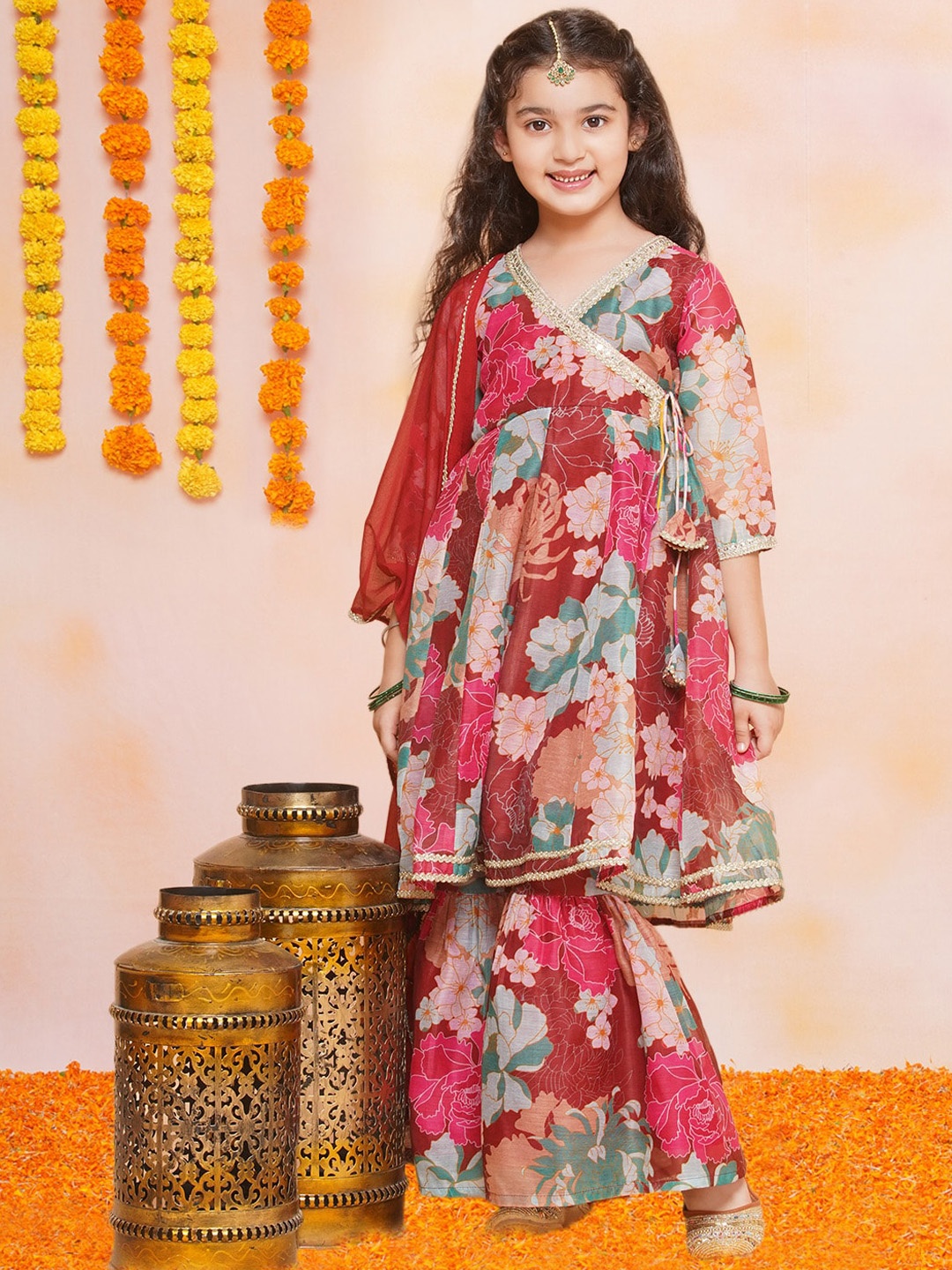 

Bitiya by Bhama Girls Floral Printed Angrakha Gotta Patti Kurta & Sharara With Dupatta, Maroon