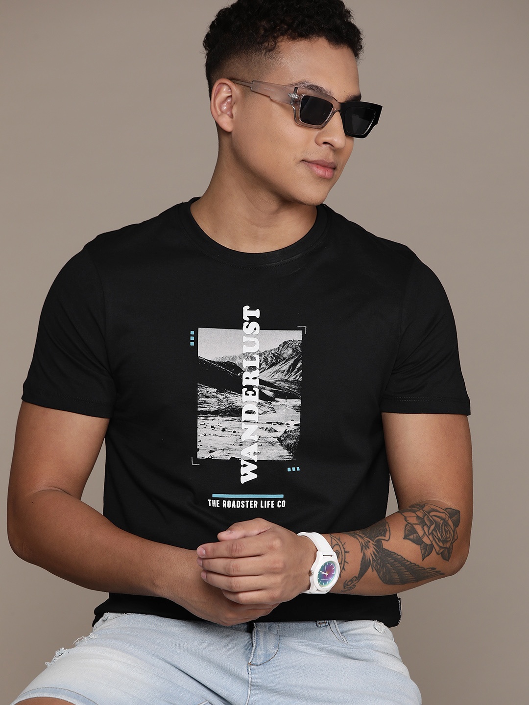 

The Roadster Lifestyle Co. Printed Pure Cotton T-shirt, Black