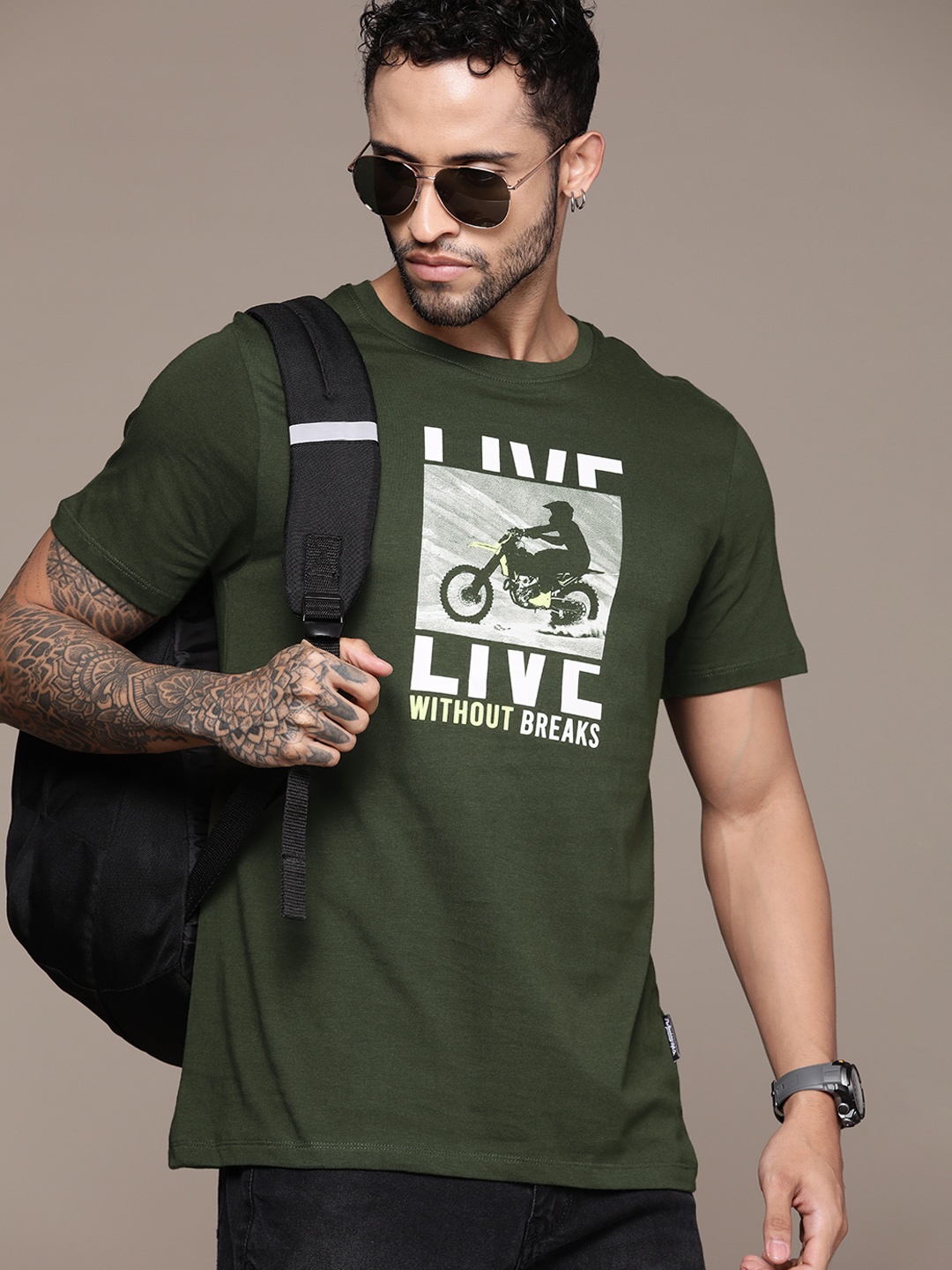 

The Roadster Lifestyle Co. Printed Pure Cotton T-shirt, Olive