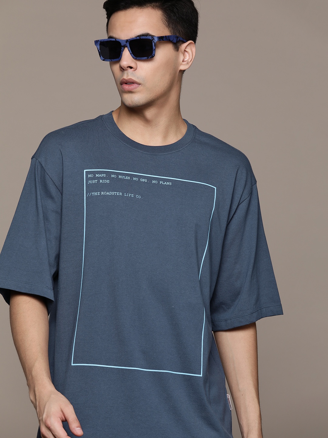 

The Roadster Lifestyle Co. Printed Oversized Pure Cotton T-shirt, Teal