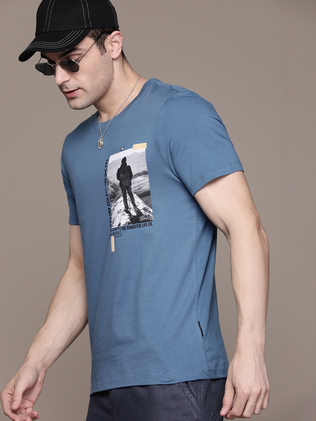 

The Roadster Lifestyle Co. Printed Pure Cotton T-shirt, Blue