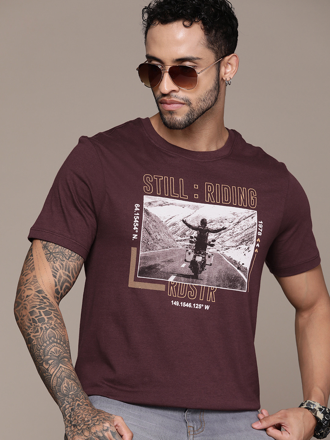 

The Roadster Lifestyle Co. Printed Pure Cotton T-shirt, Burgundy