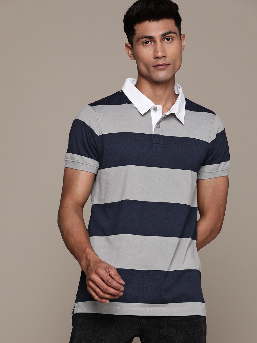 

The Roadster Lifestyle Co. Men Striped Polo Collar T-shirt, Grey