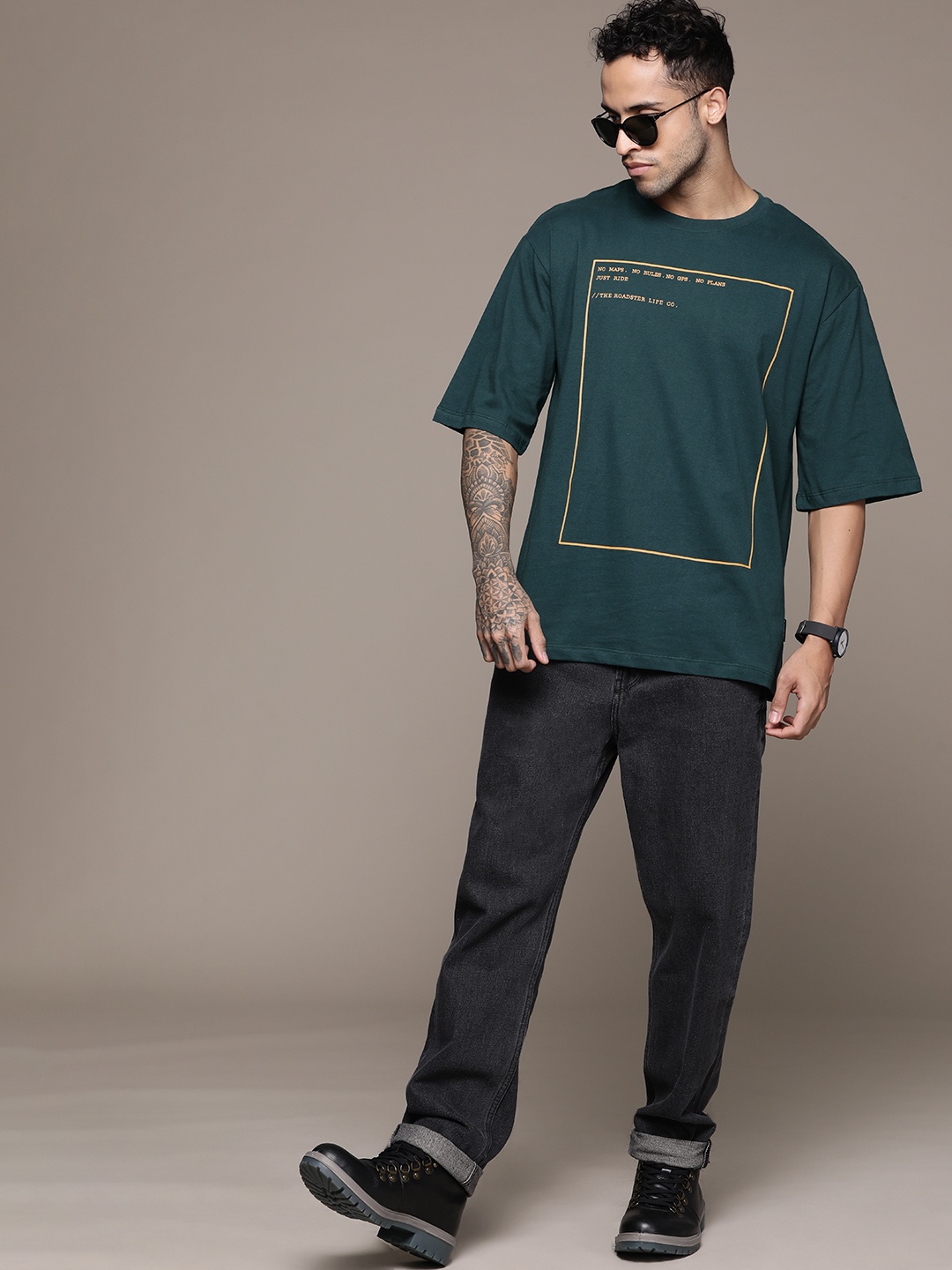 

The Roadster Lifestyle Co. Printed Pure Cotton Oversized T-shirt, Green