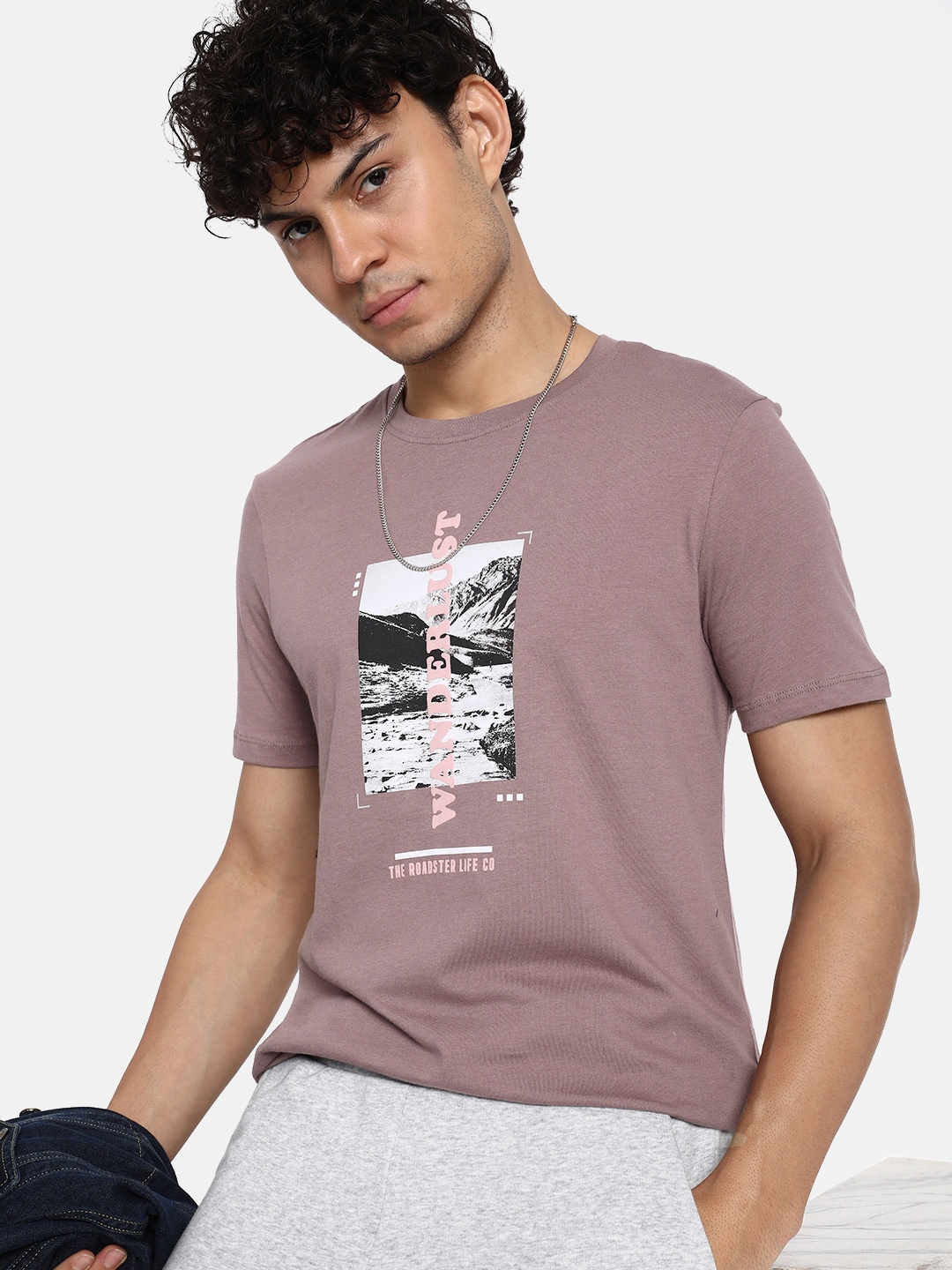 

The Roadster Lifestyle Co. Printed Pure Cotton T-shirt, Mauve