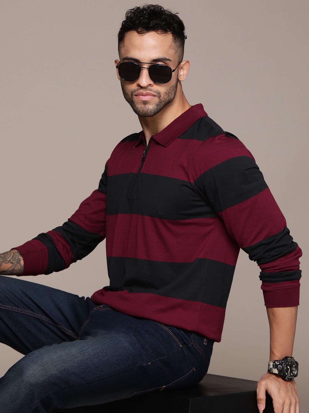 

The Roadster Lifestyle Co. Striped Polo Collar T-shirt, Maroon