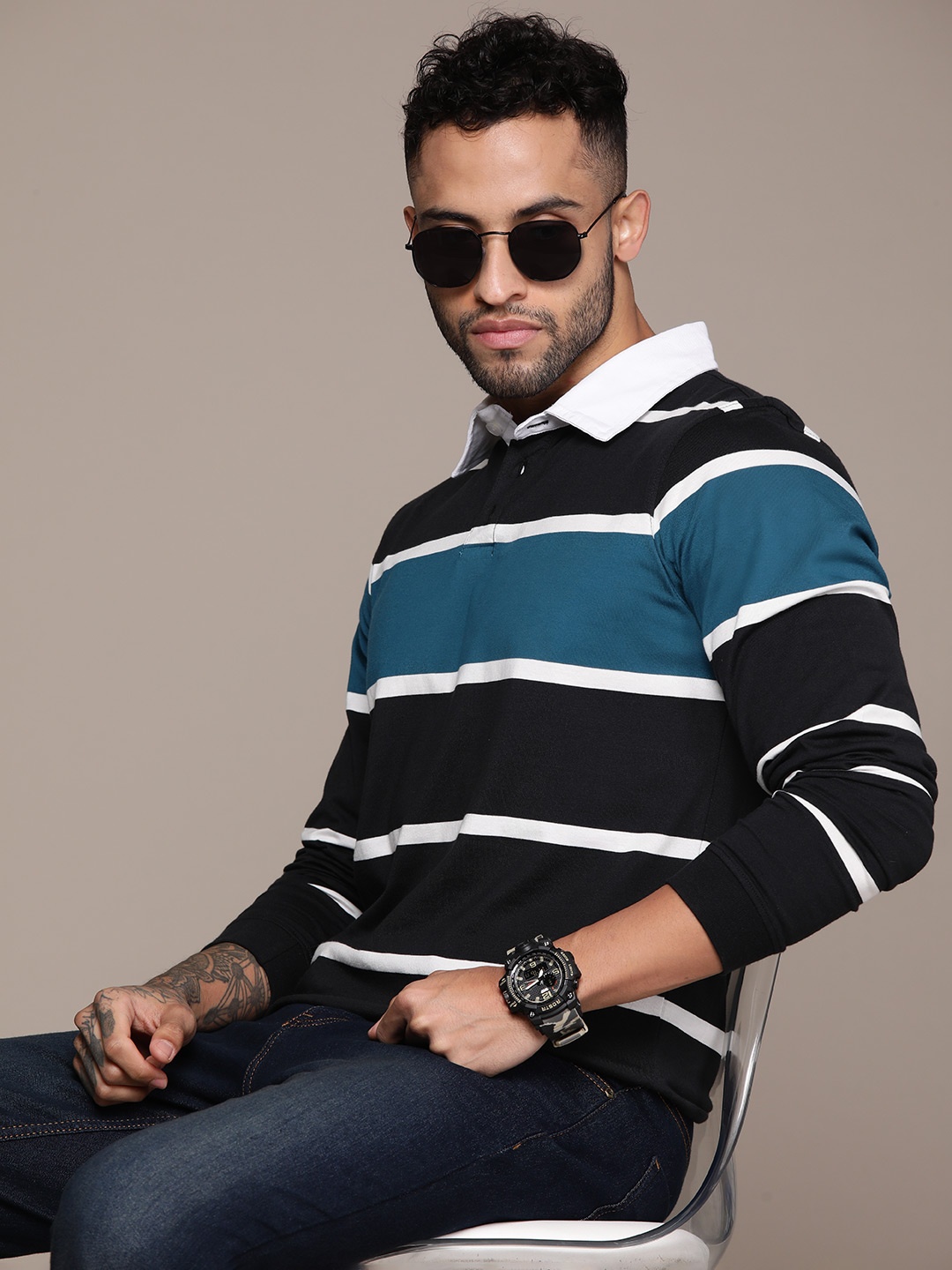 

The Roadster Lifestyle Co. Striped Polo Collar T-shirt, Blue