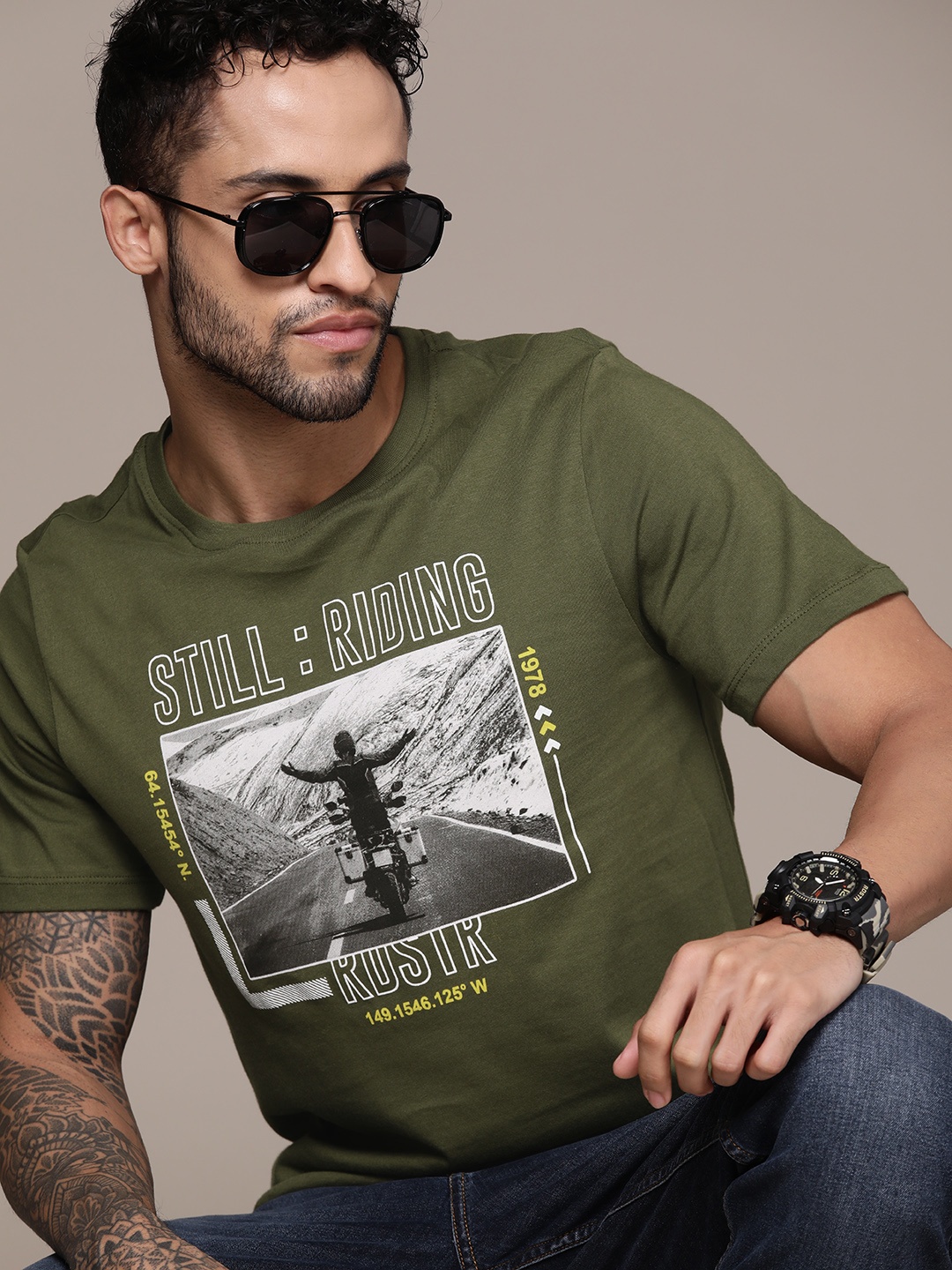 

The Roadster Lifestyle Co. Printed Pure Cotton T-shirt, Olive