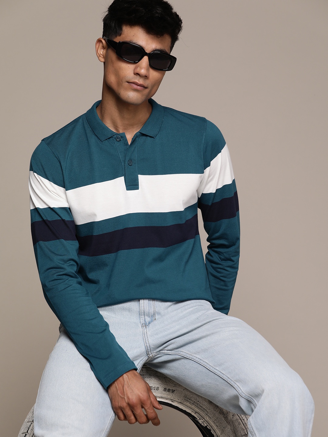 

The Roadster Lifestyle Co. Colourblocked Polo Collar T-shirt, Teal