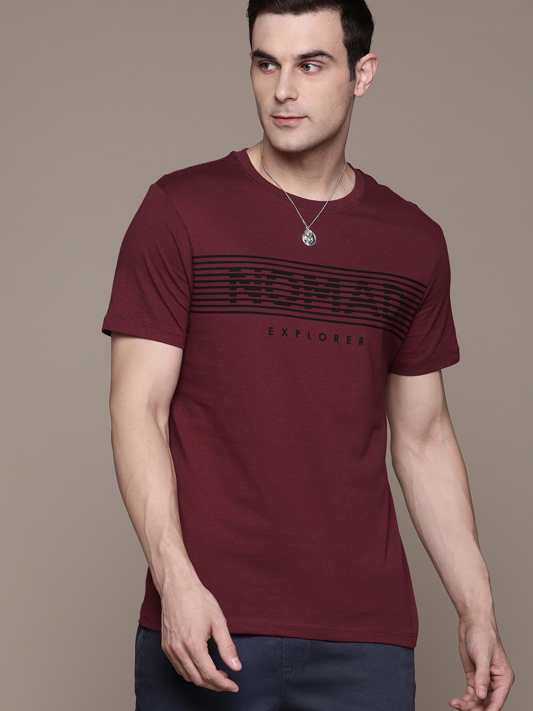 

The Roadster Lifestyle Co. Striped Pure Cotton T-shirt, Maroon