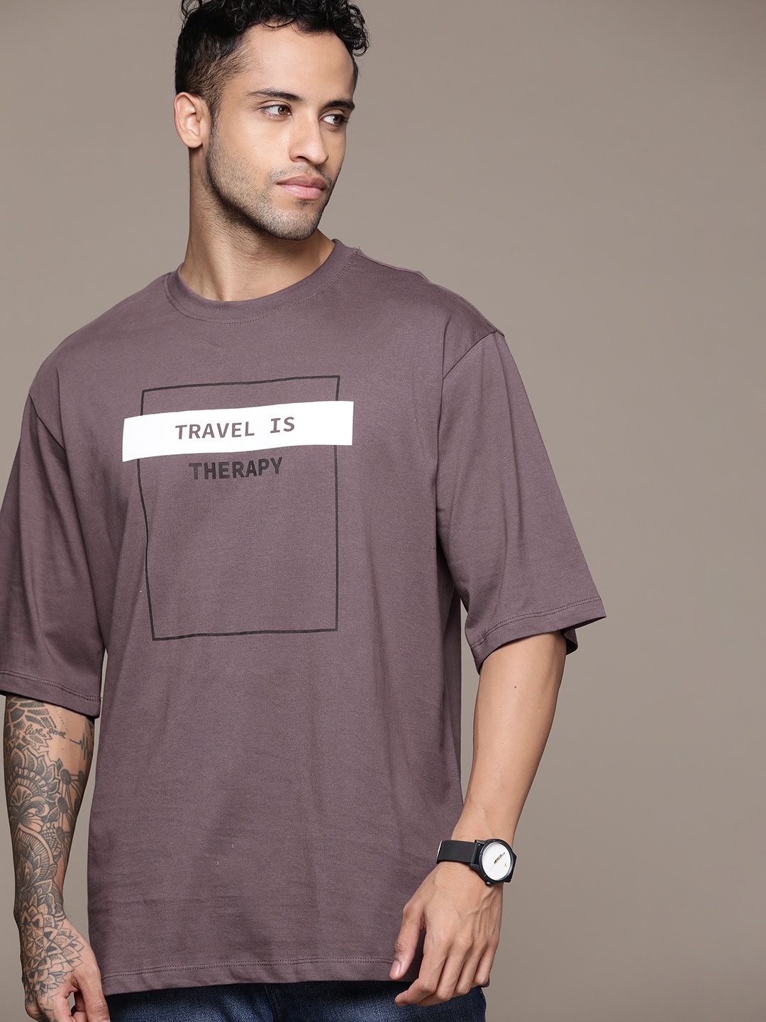 

The Roadster Lifestyle Co. Printed Pure Cotton Oversized T-shirt, Mauve
