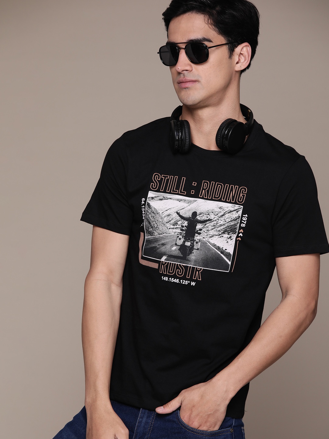 

The Roadster Lifestyle Co. Biker Printed Pure Cotton T-shirt, Black