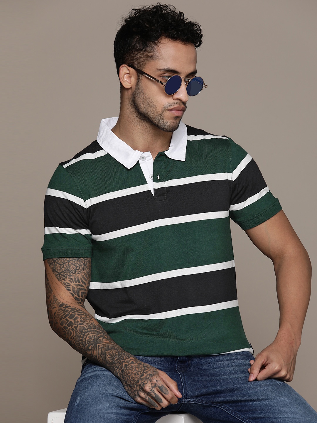 

The Roadster Lifestyle Co. Striped Polo Collar Pure Cotton T-shirt, Green