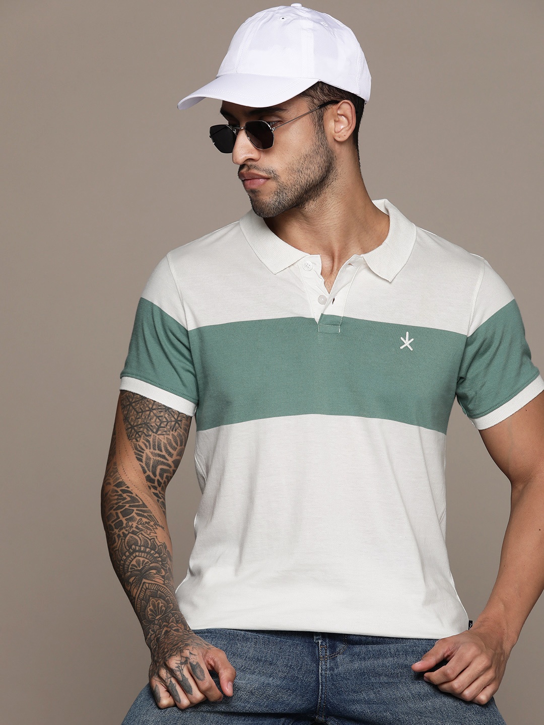 

The Roadster Lifestyle Co. Striped Polo Collar Pure Cotton T-shirt, Off white