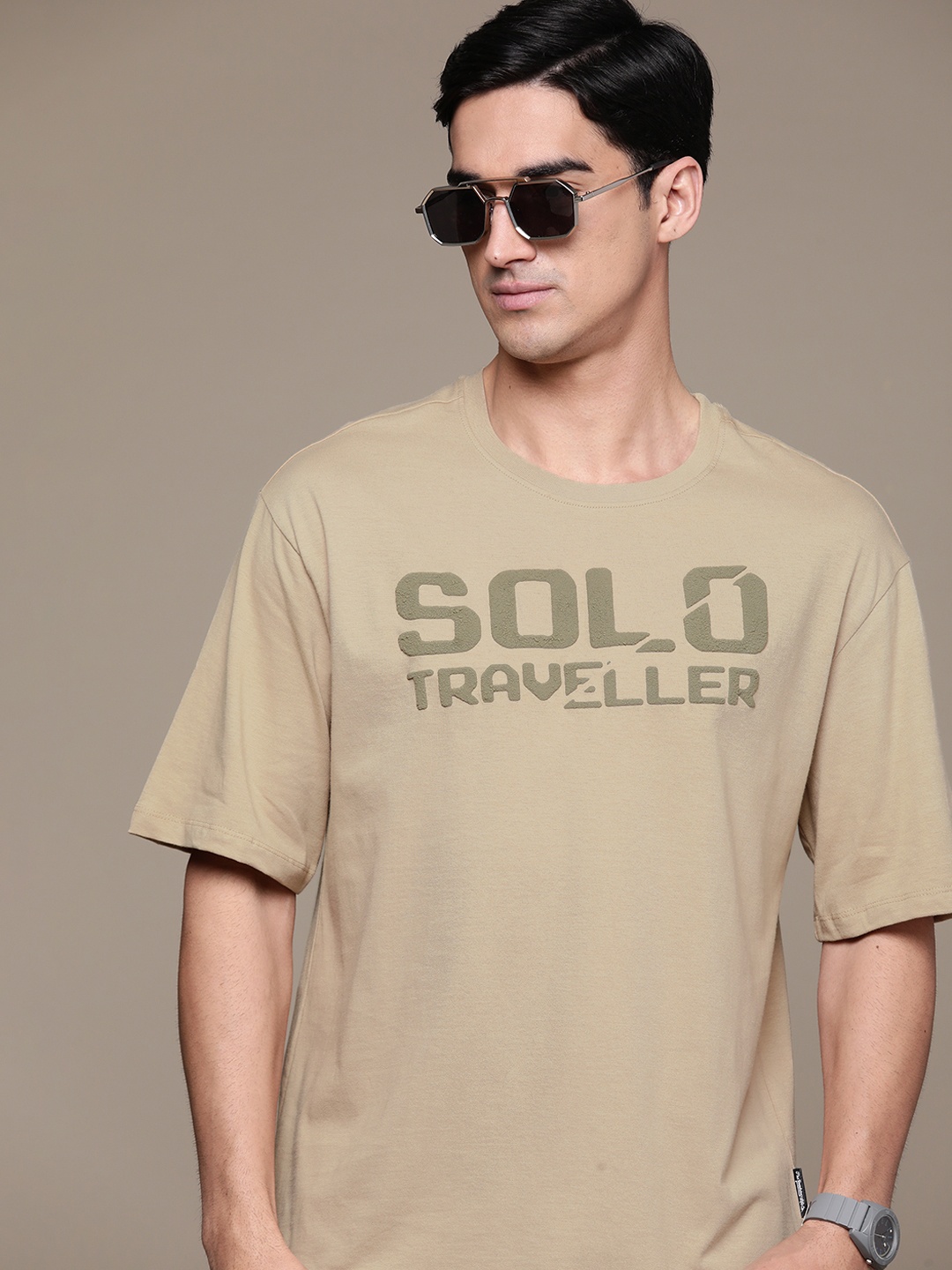 

The Roadster Lifestyle Co. Embossed Print Relaxed Fit Pure Cotton T-shirt, Beige