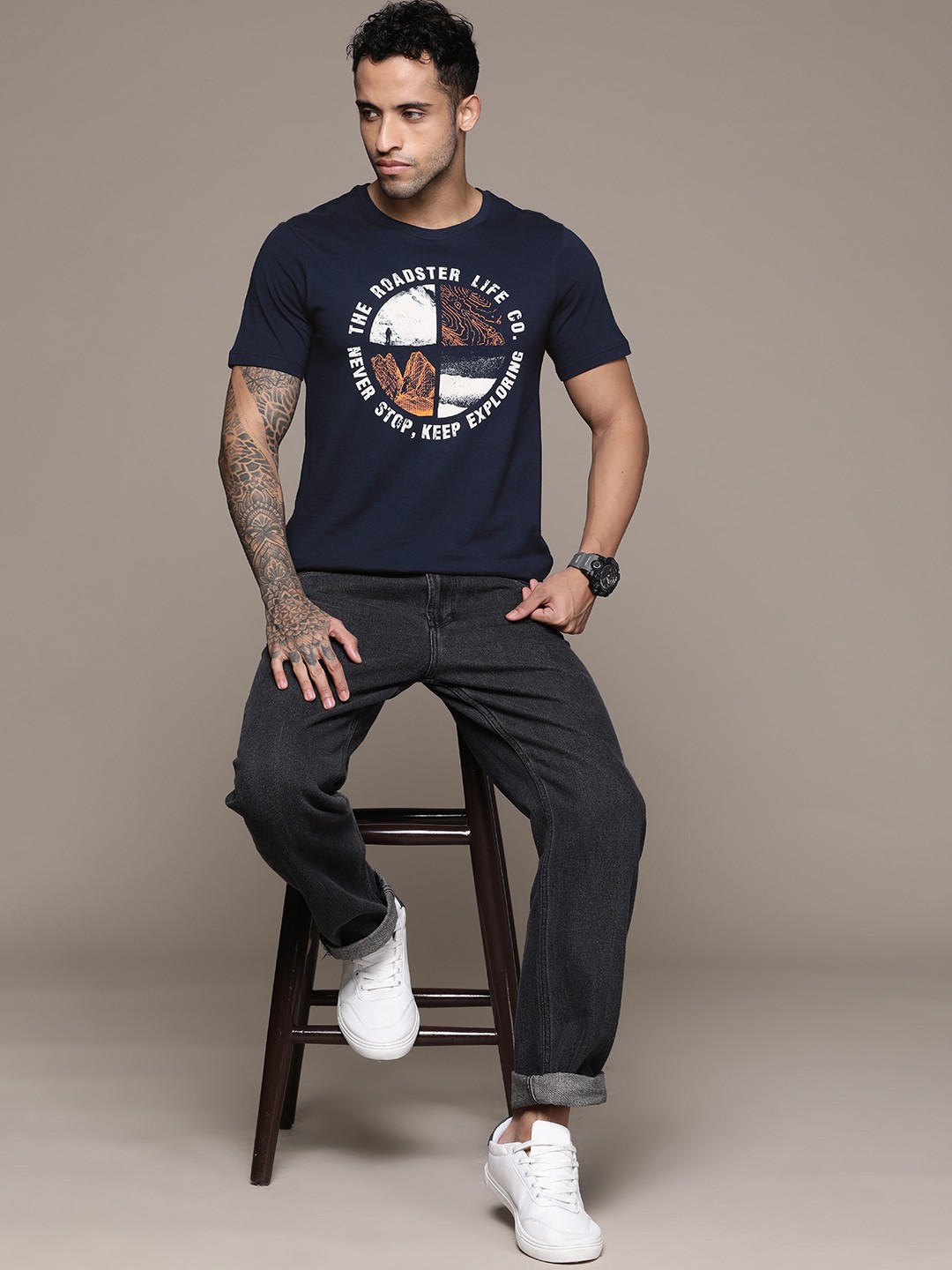 

The Roadster Lifestyle Co. Printed Pure Cotton T-shirt, Navy blue
