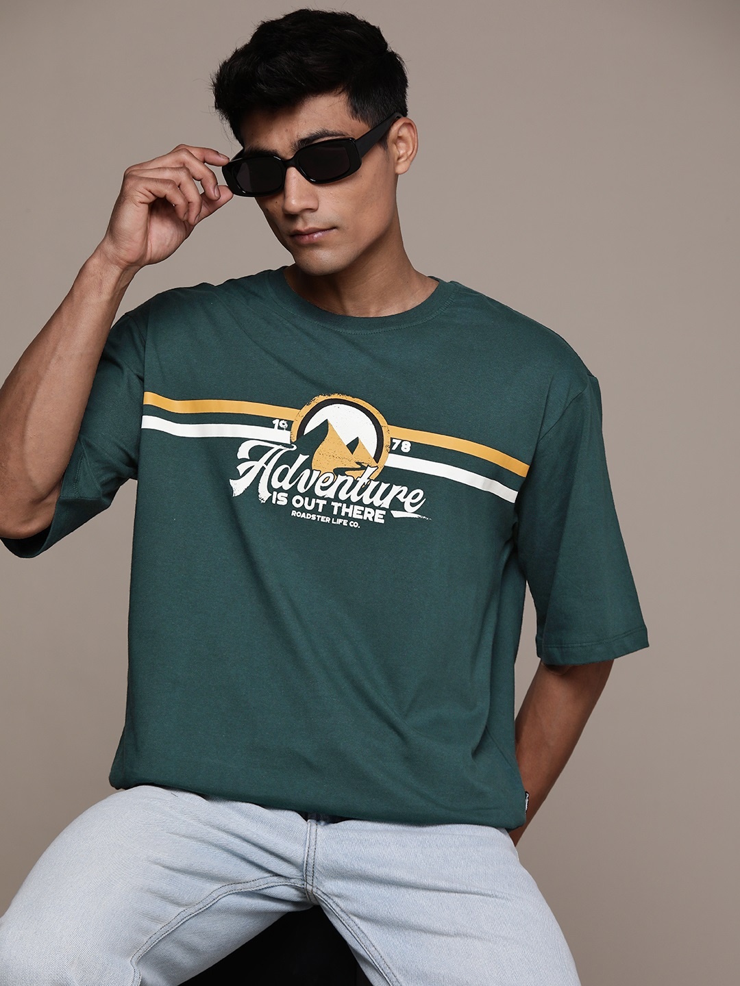 

The Roadster Lifestyle Co. Typography Printed Drop-Shoulder Sleeves Pure Cotton T-shirt, Green