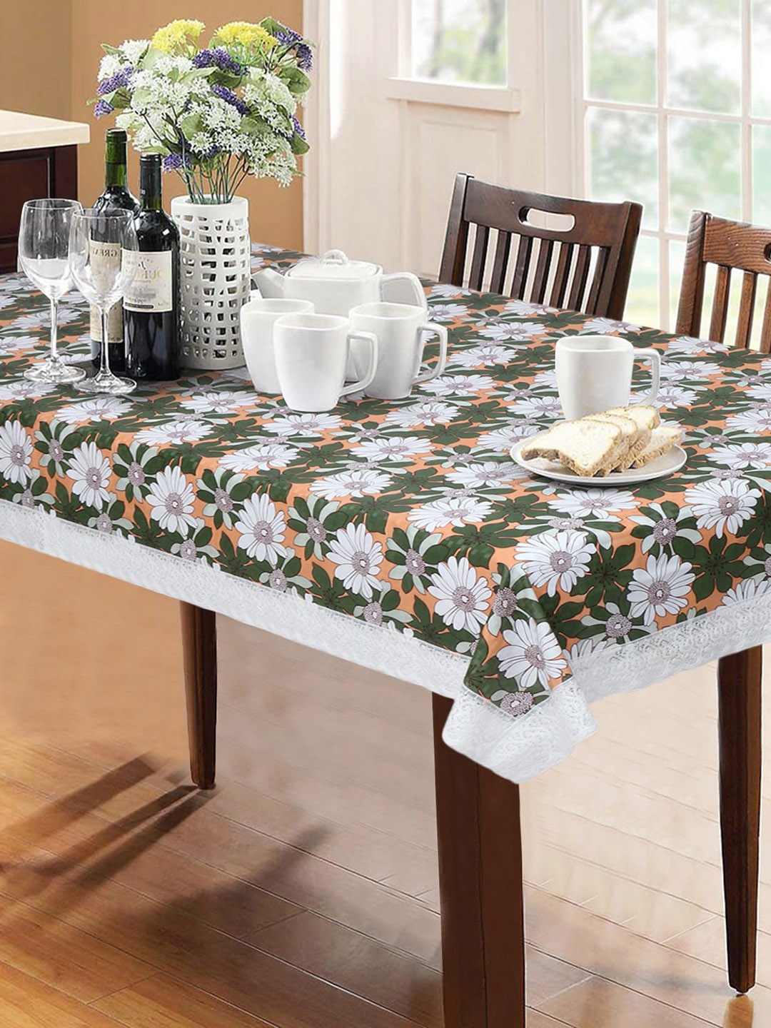 

Dakshya Industries Green & White Floral Printed 6-Seater Table Cover