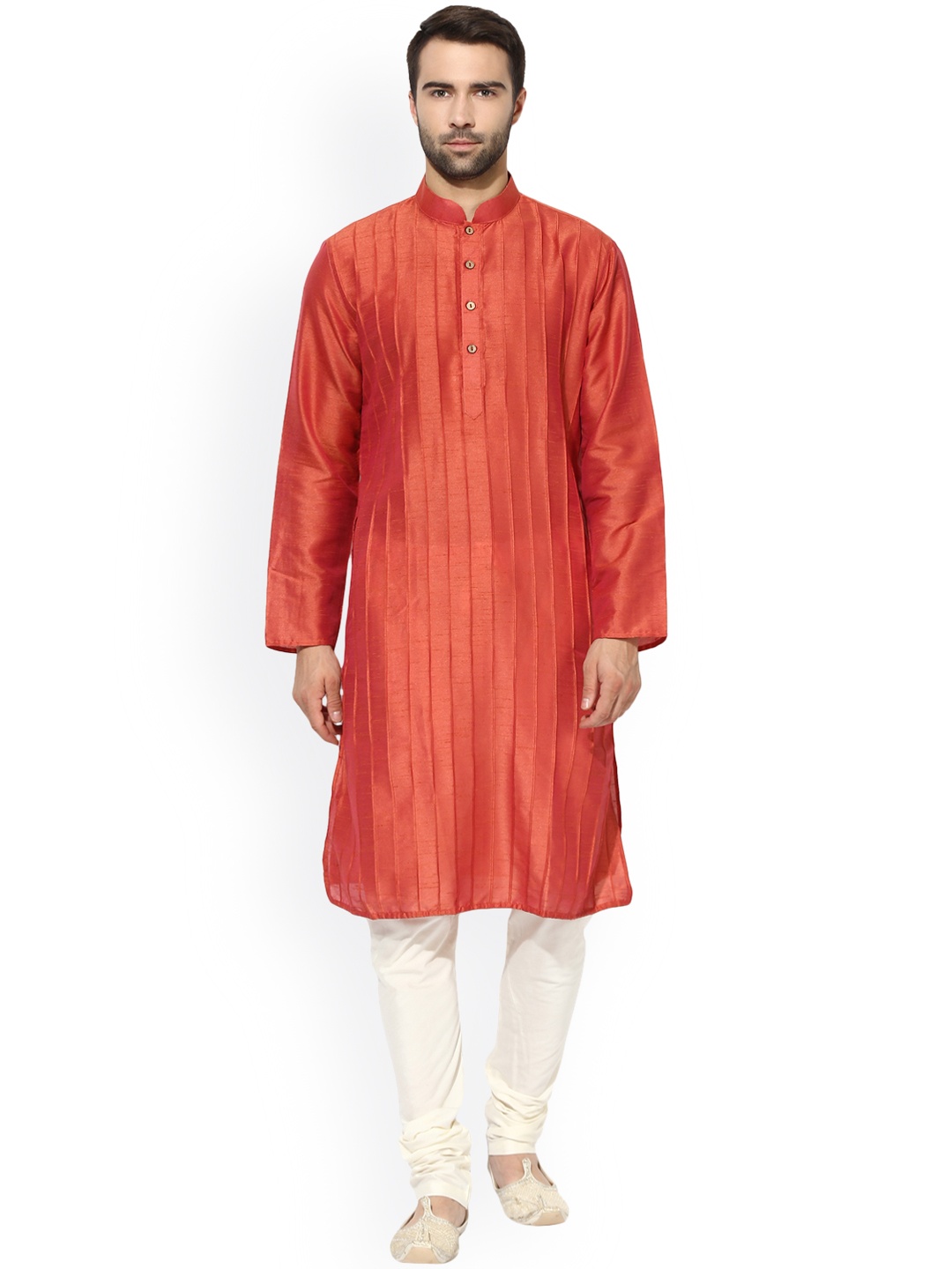 

KISAH Men Coral & White Solid Kurta with Churidar