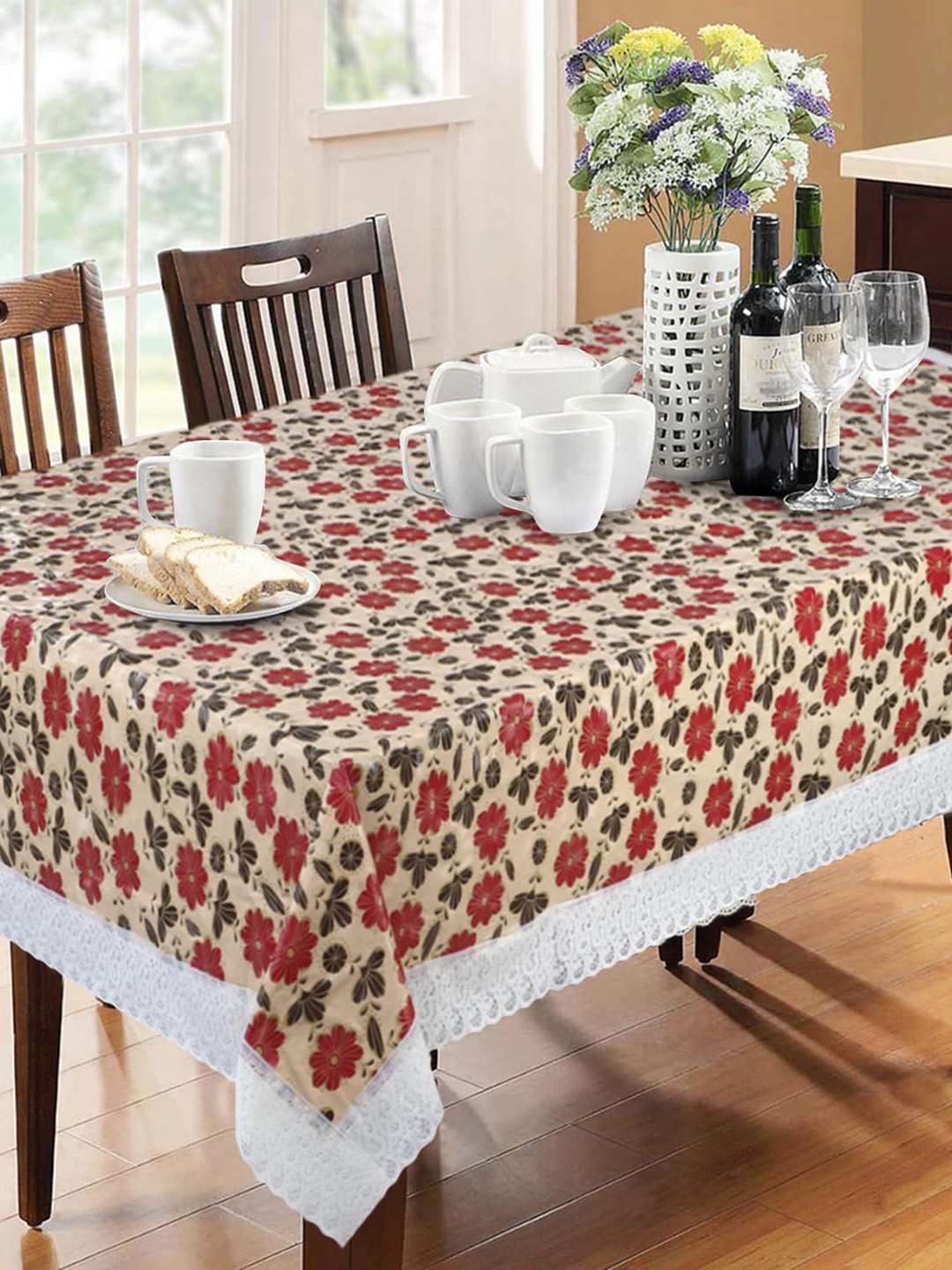 

Dakshya Industries Beige & Red Floral Printed 6-Seater Table Cover