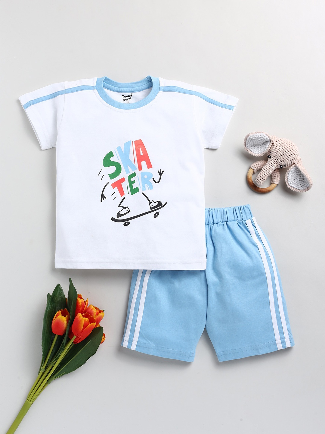 

Toonyport Boys Typography Printed Pure Cotton T-shirt with Trousers, Blue