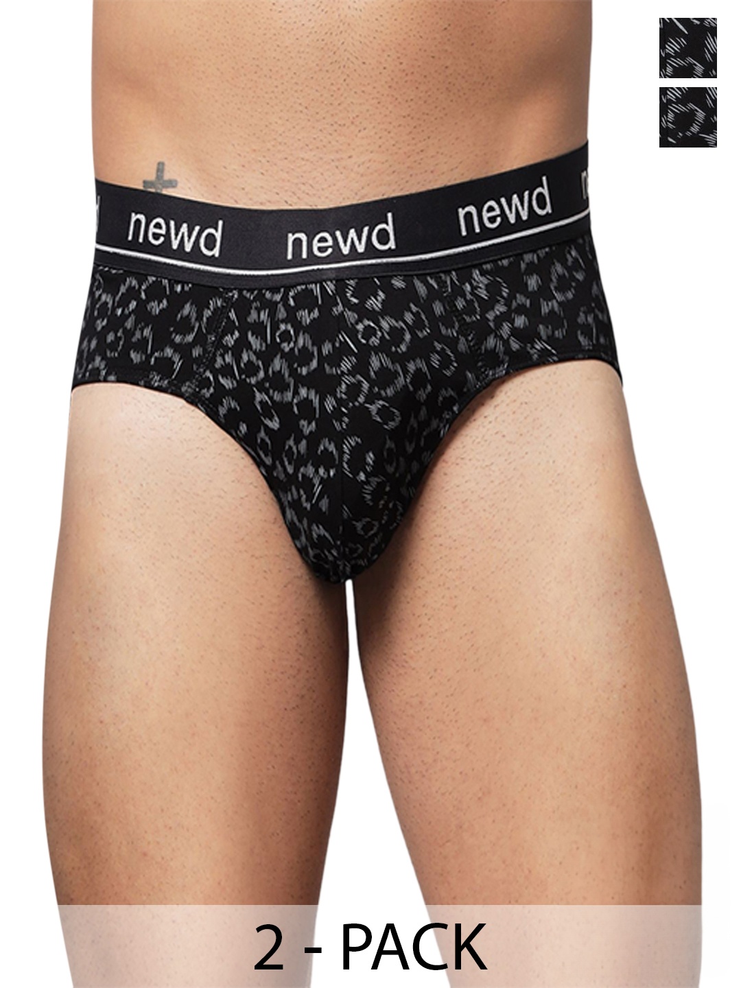 

NEWD Pack Of 2 Abstract Printed Mid-Rise Label Free Basic Briefs NBP16-BLACK-C2-S