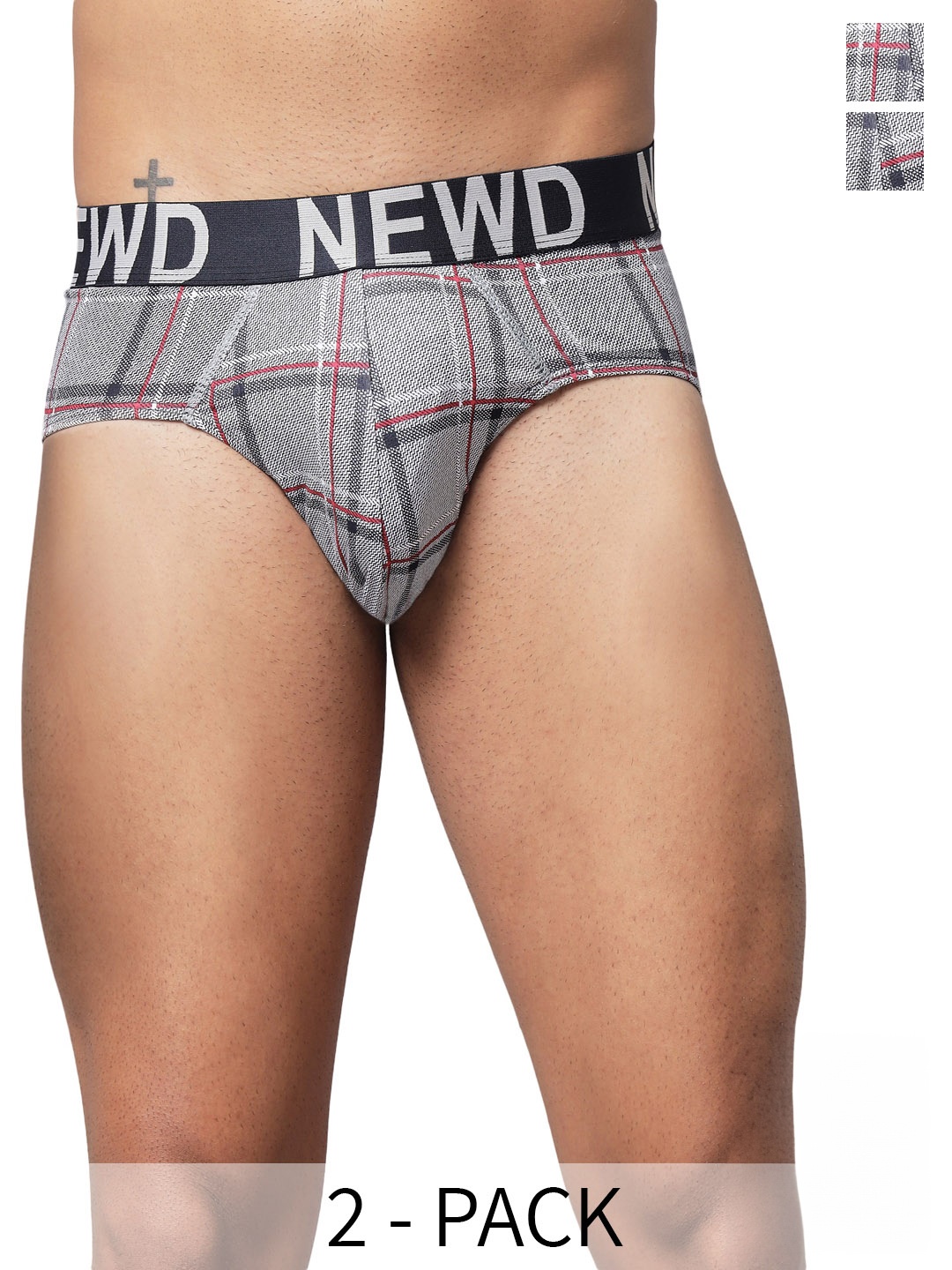 

NEWD Pack Of 2 Checked Mid-Rise Label Free Basic Briefs NBP14-N.GREY-C2-S