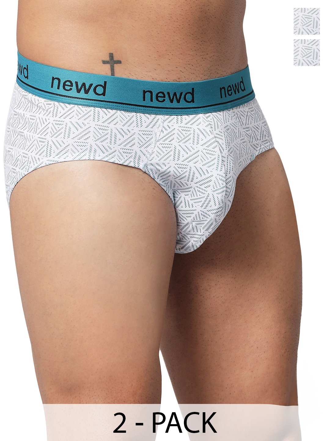 

NEWD Pack Of 2 Geometric Printed Mid-Rise Label Free Basic Briefs NBP15-WHITE-C2-S