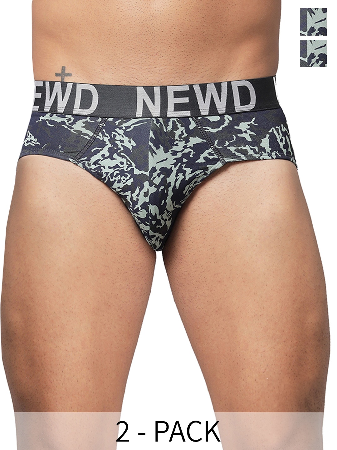 

NEWD Pack Of 2 Abstract Printed Mid-Rise Label Free Basic Briefs NBP12-GREEN-C2-S