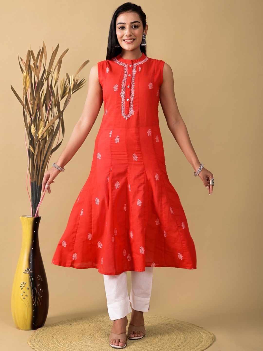 

Sangria Embroidered Cotton Anarkali Kurta, Red