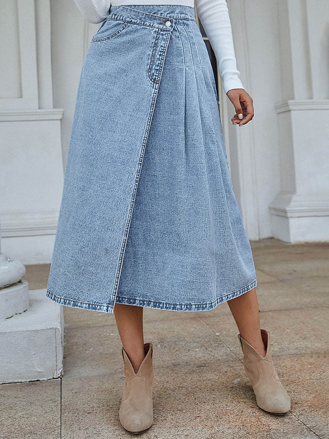 

LULU & SKY Women High-Waist Denim Midi Skirt, Blue