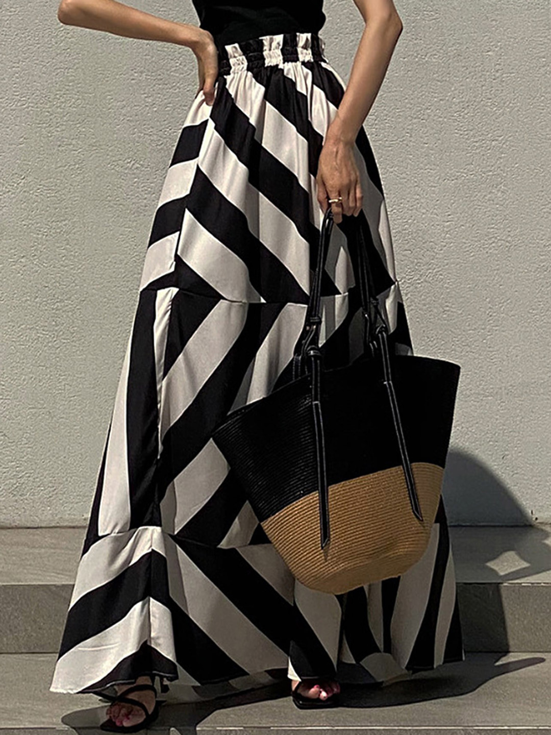 

LULU & SKY Striped Monochrome Tiered Maxi Skirt, Black