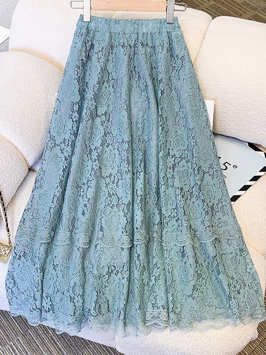 

LULU & SKY Floral Self Designed A-Line Midi Skirt, Blue
