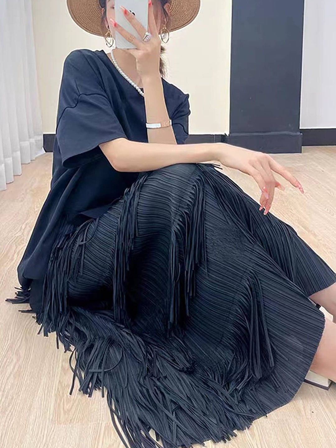

LULU & SKY Cut -Out Slits Maxi Skirts, Black