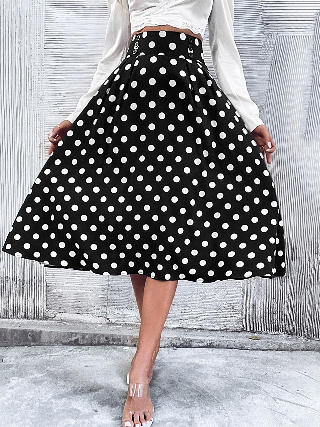 

LULU & SKY Polka Dots Printed Flared Midi Skirt, Black