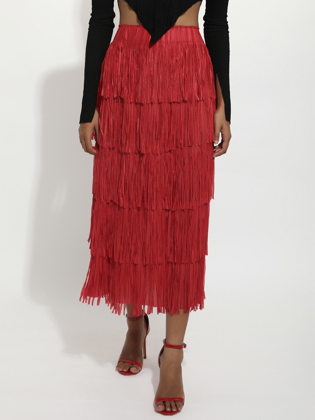 

LULU & SKY Fringed A-line Midi Skirt, Red