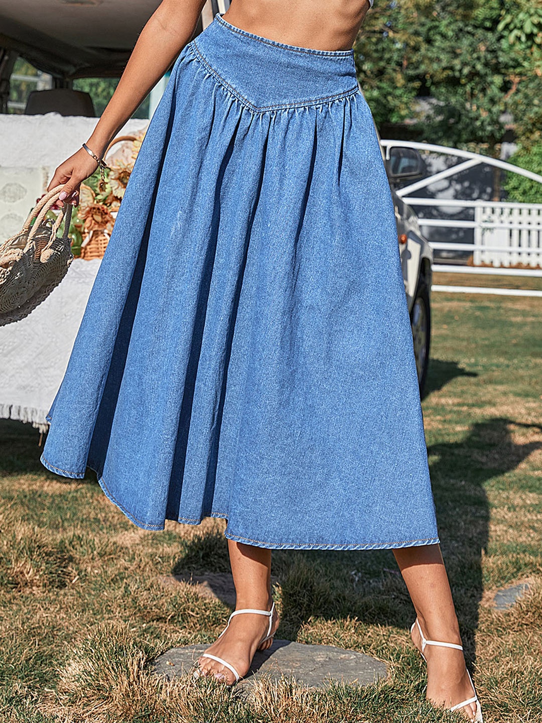 

LULU & SKY A-Line Midi Length Denim Skirt, Blue