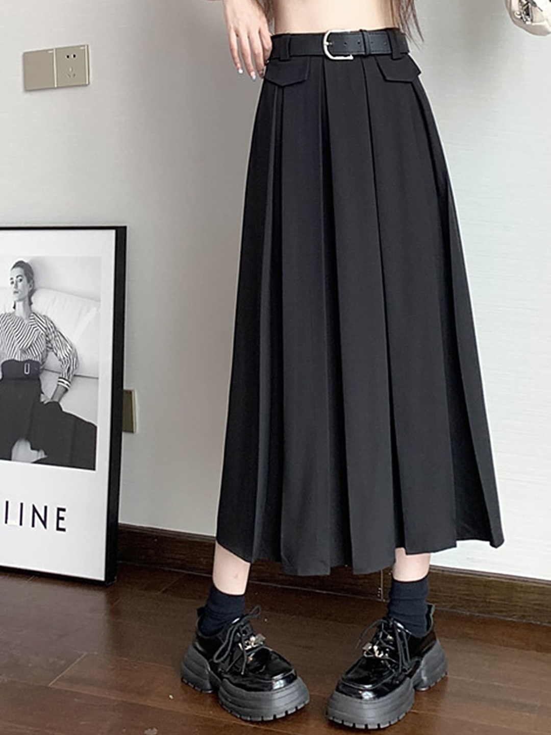 

LULU & SKY Pleated A-Line Midi Skirt, Black