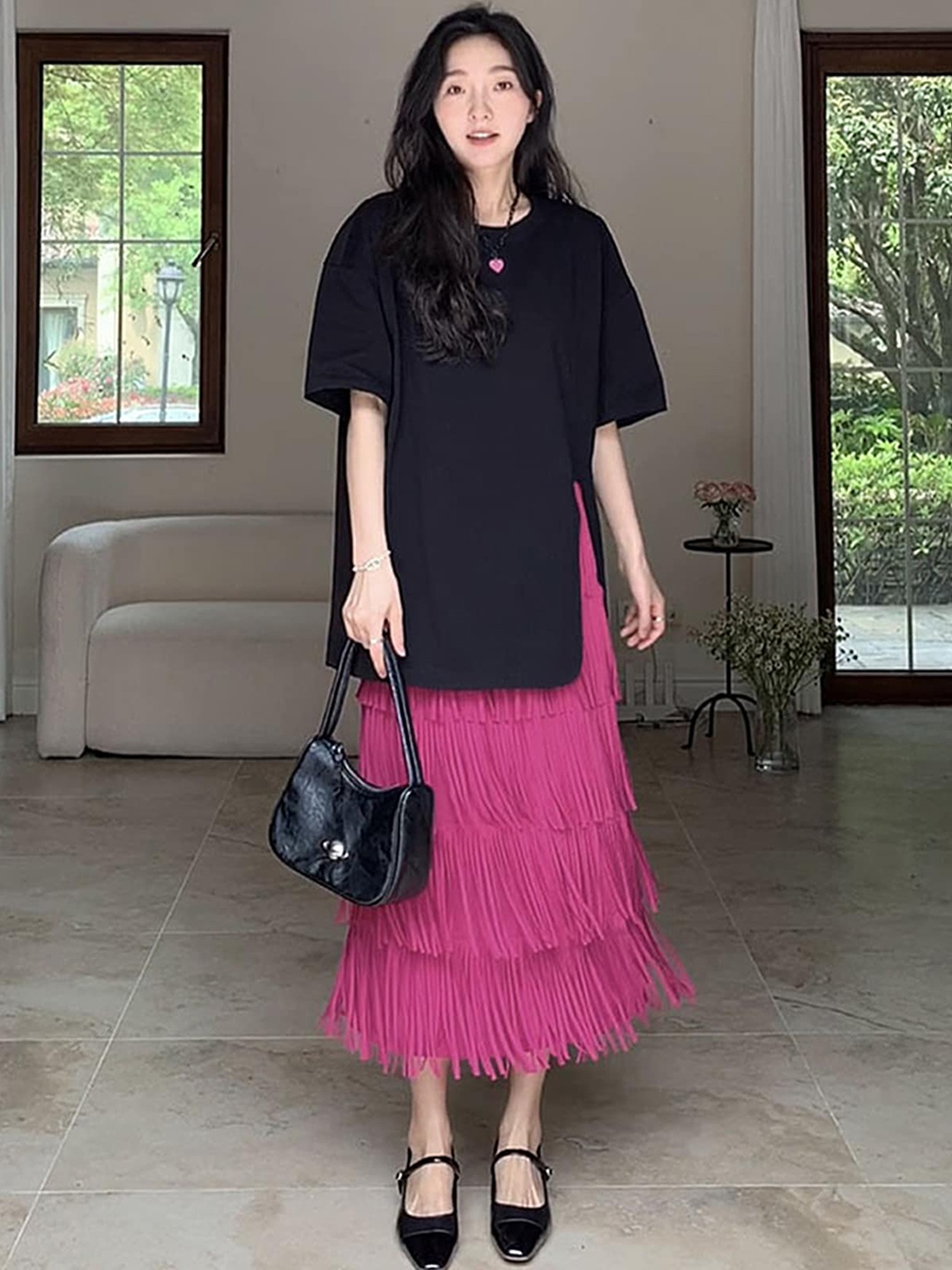

LULU & SKY Fringed A-Line Layered Midi Skirt, Rose